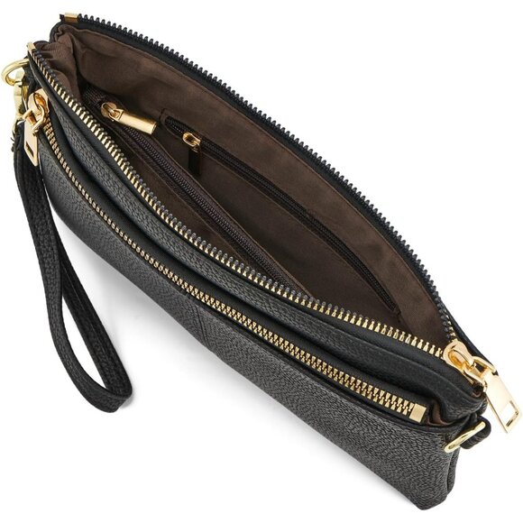 ⚡Women\'s Lightweight Black Triple Zip Vegan Leather Clutch Wristlet Bag